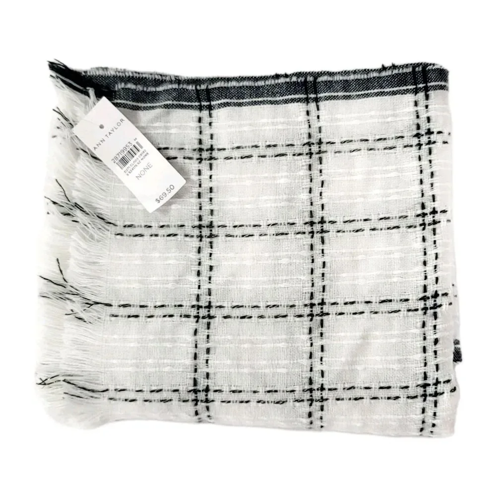 Ann Taylor Fringed Blanket Scarf White Black Plaid Gold Accents 80x27 NWT $70